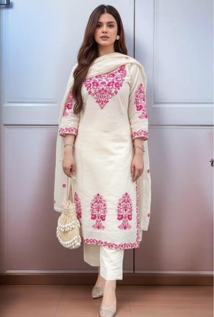 Womens Cream Viscose Rayon Straight Embroidered Kurta with Pant & Dupatta (S)