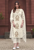 Women Off White Rayon Slub Keyhole Neck Kurta with Pant and Dupatta